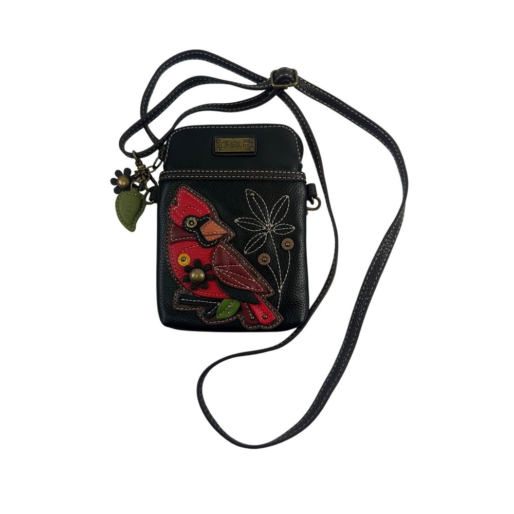 Chala Cell Phone Crossbody Purse Black Cardinal Bird Vegan Leather Small Bag
